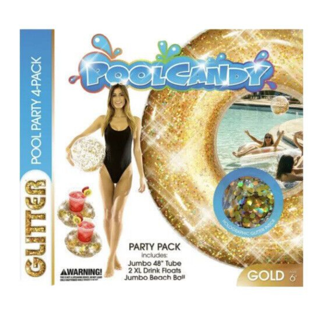 New PoolCandy Glitter Pool Party 4 Pack 4ft Tube Beach Ball 2xl Drink Floats