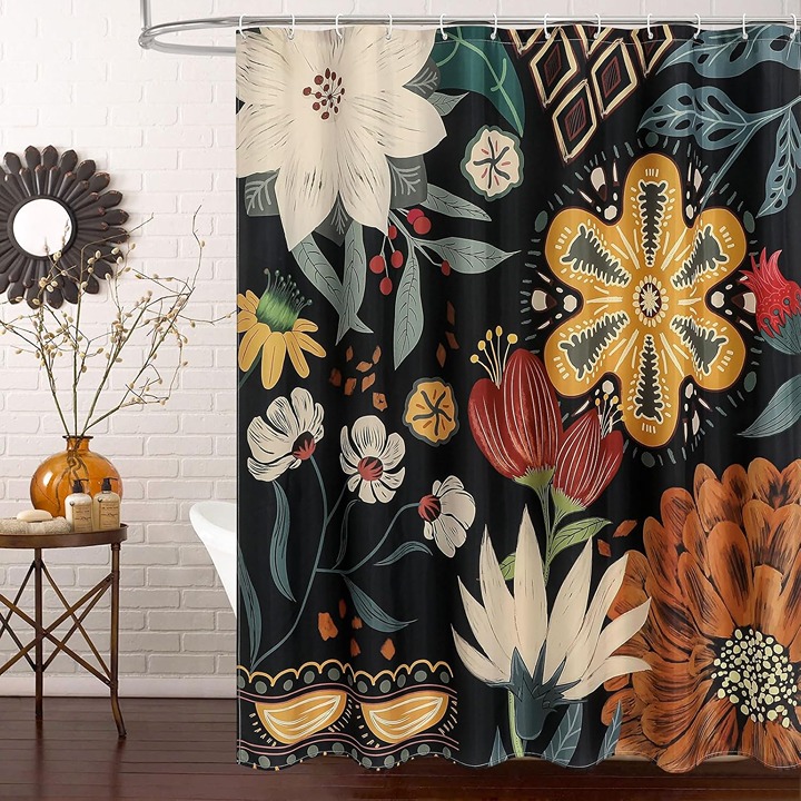Boho Floral Shower Curtain, Tropical Leaves Fabric Cloth