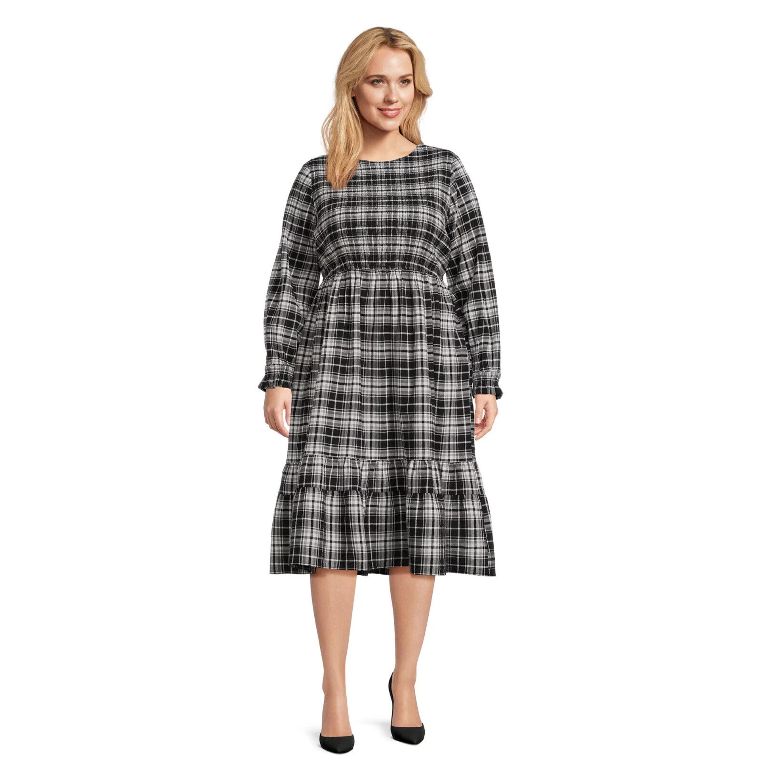 Terra & Sky Women Plus 4X 28W-30W Tiered Black & White Plaid Peasant Midi Dress