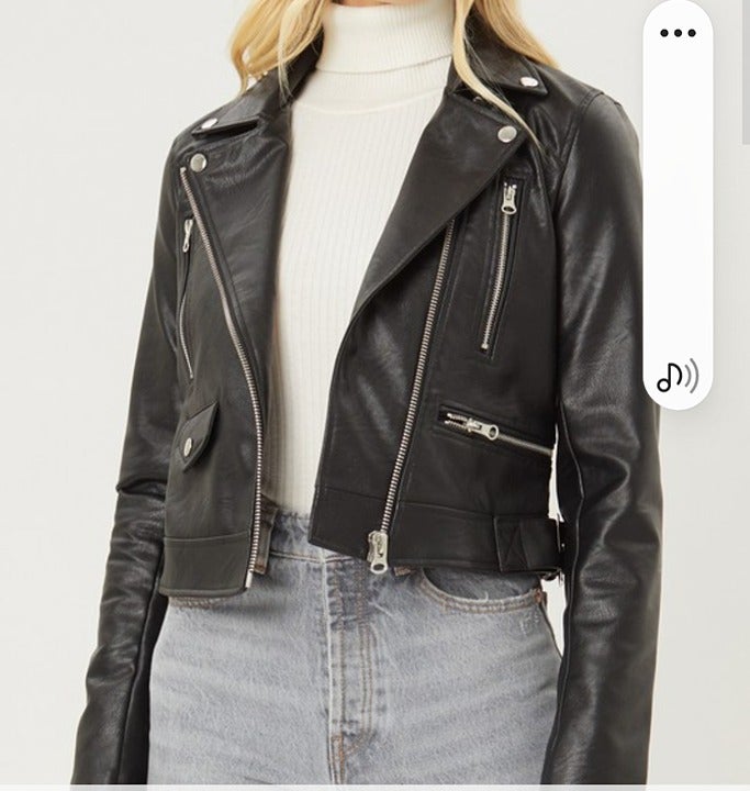 Women's Vegan Faux Leather Moto Biker Jacket Black Slim Fit Leather Jacket