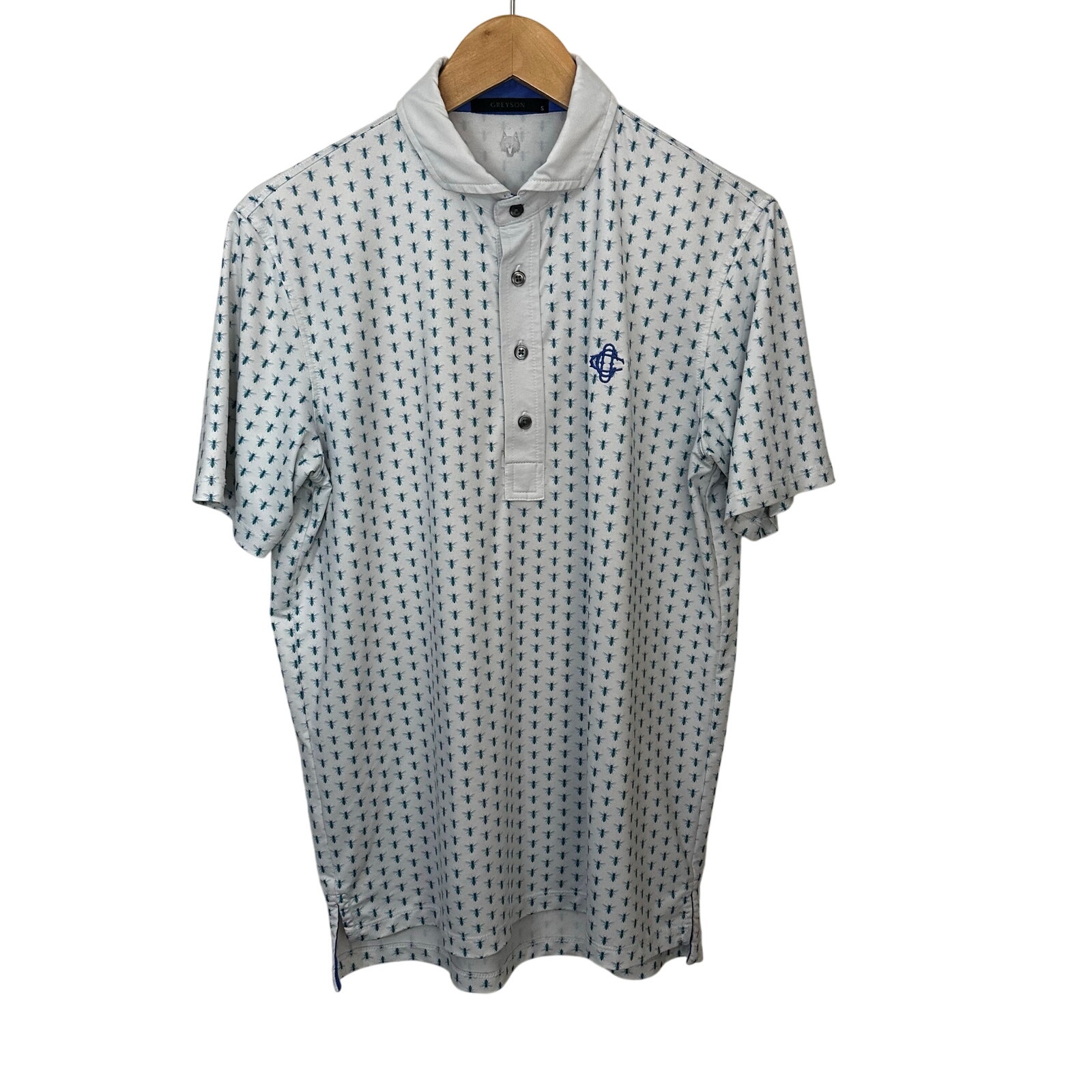 Greyson Mens Small Polo Shirt Bee Bumblebee Golf Blue White Embroidered Logo