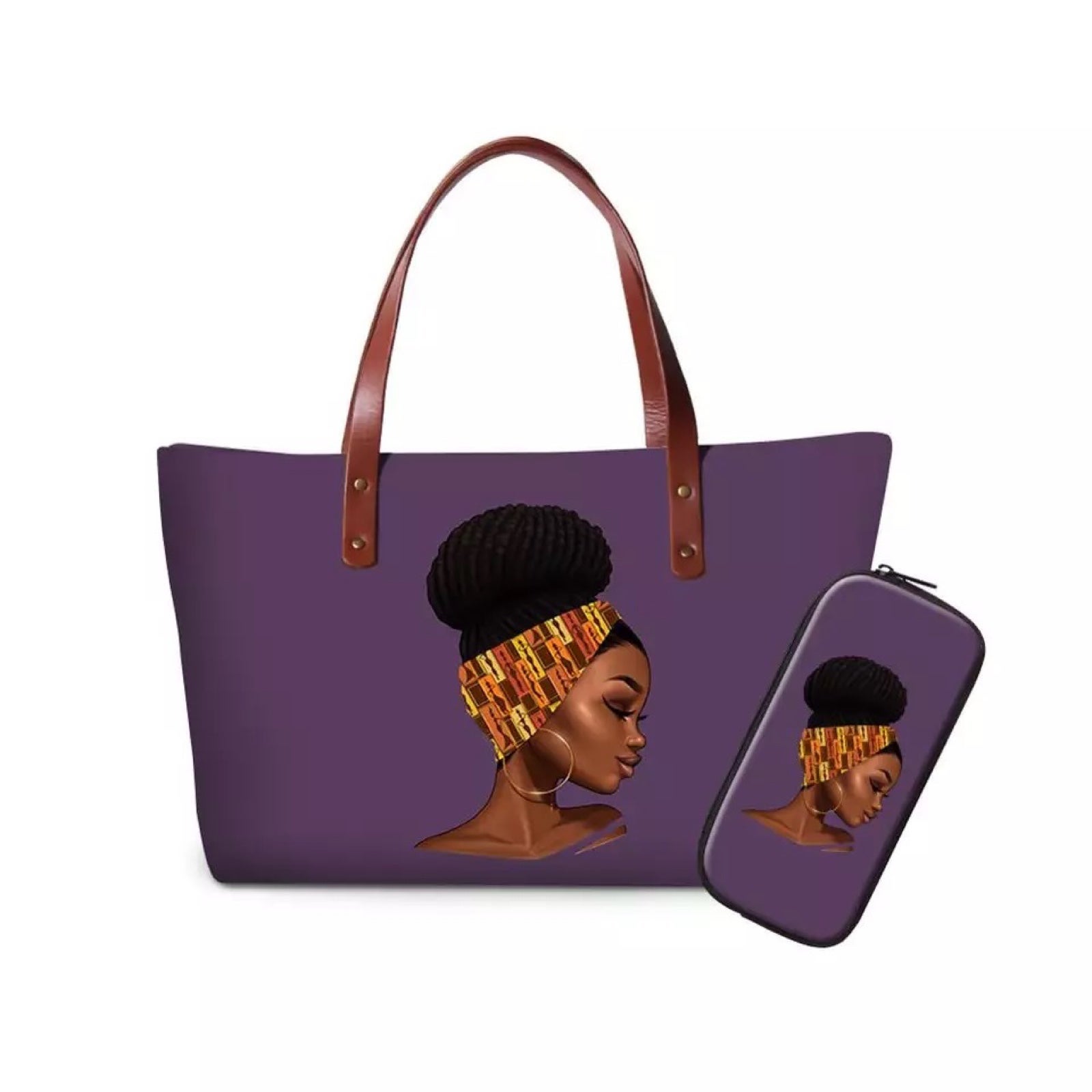 Purple printed Headwrap handbag and makeup case