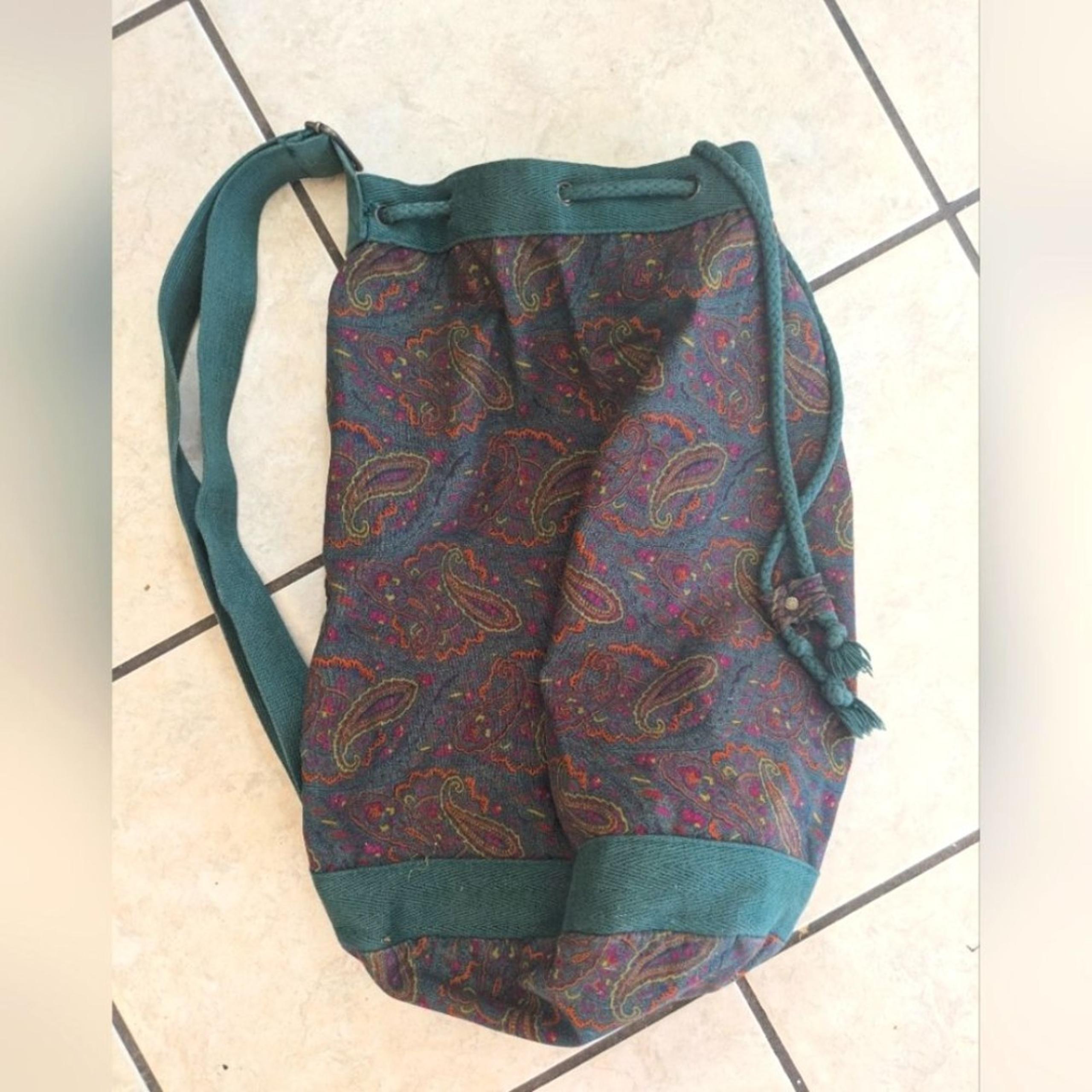 Gap Vintage 90s Green Navy Paisley Drawstring Sling Bucket Hobo Bag