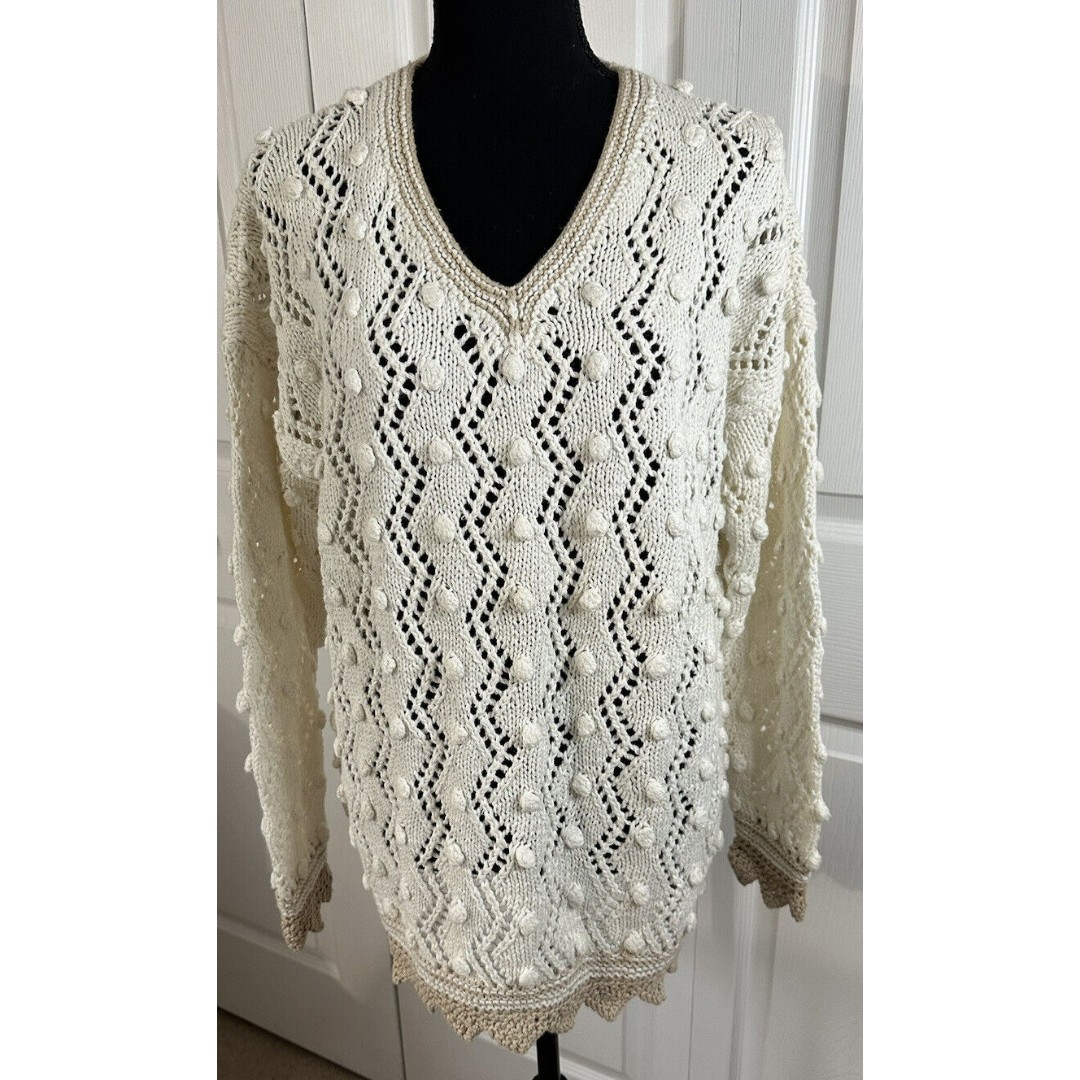 Express Tricot Womens Sz S Off White Open Handknitted Heavy Pullover Sweater EUC