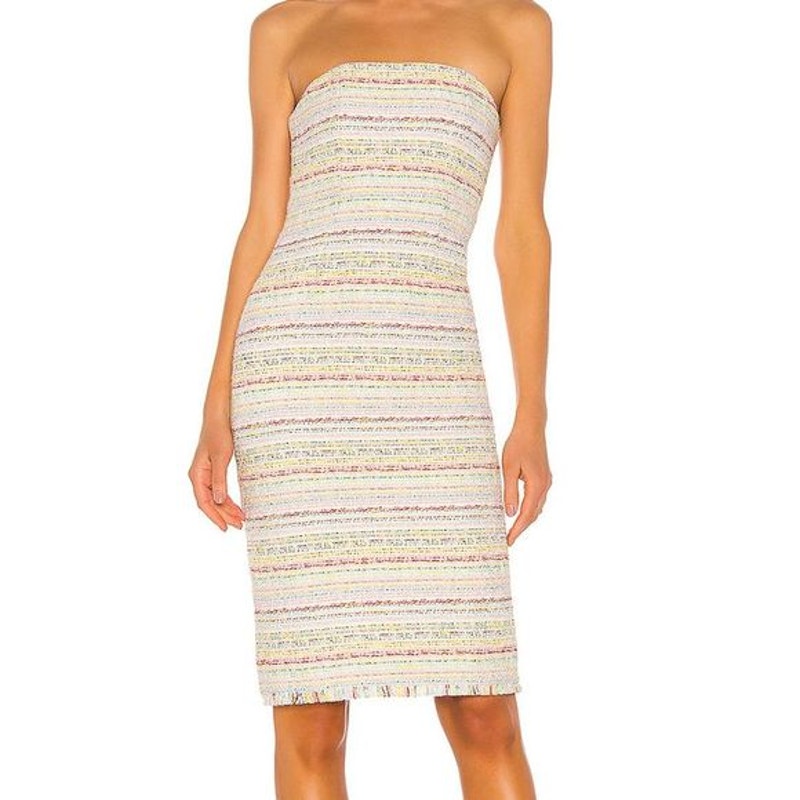 NEW NBD Revolve Rosalie Dress Strapless Tweed Fringed Hem Cream Women Medium