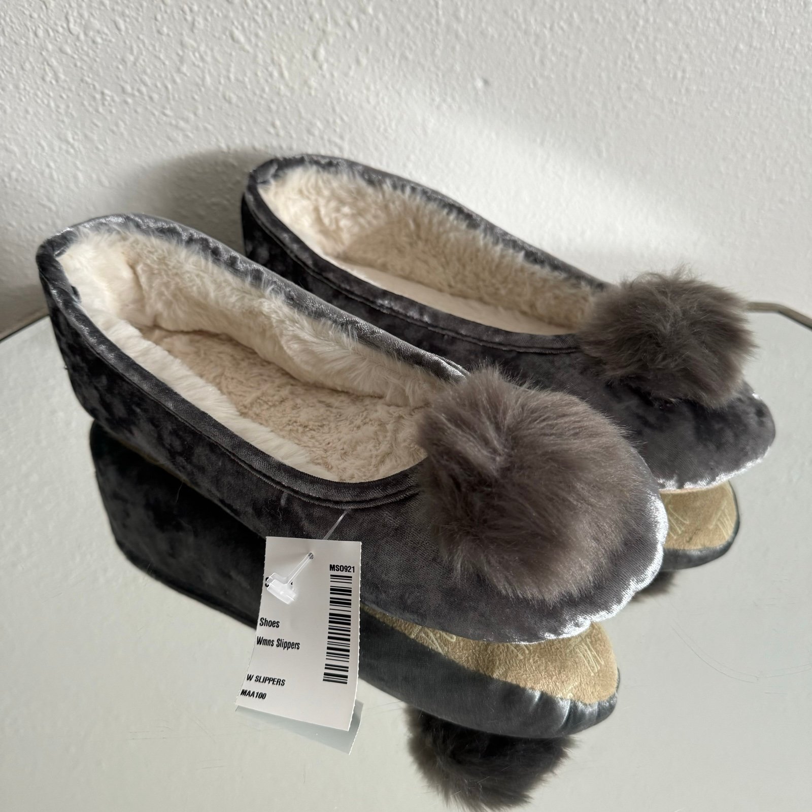 INC Grey Crushed Velvet Pom Pom Tinkerbell Lounge Cozy House Slippers NEW