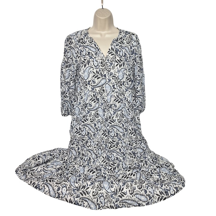 Lucky Brand Women A Line Midi Dress Size Small Blue White Paisley Tie Waist