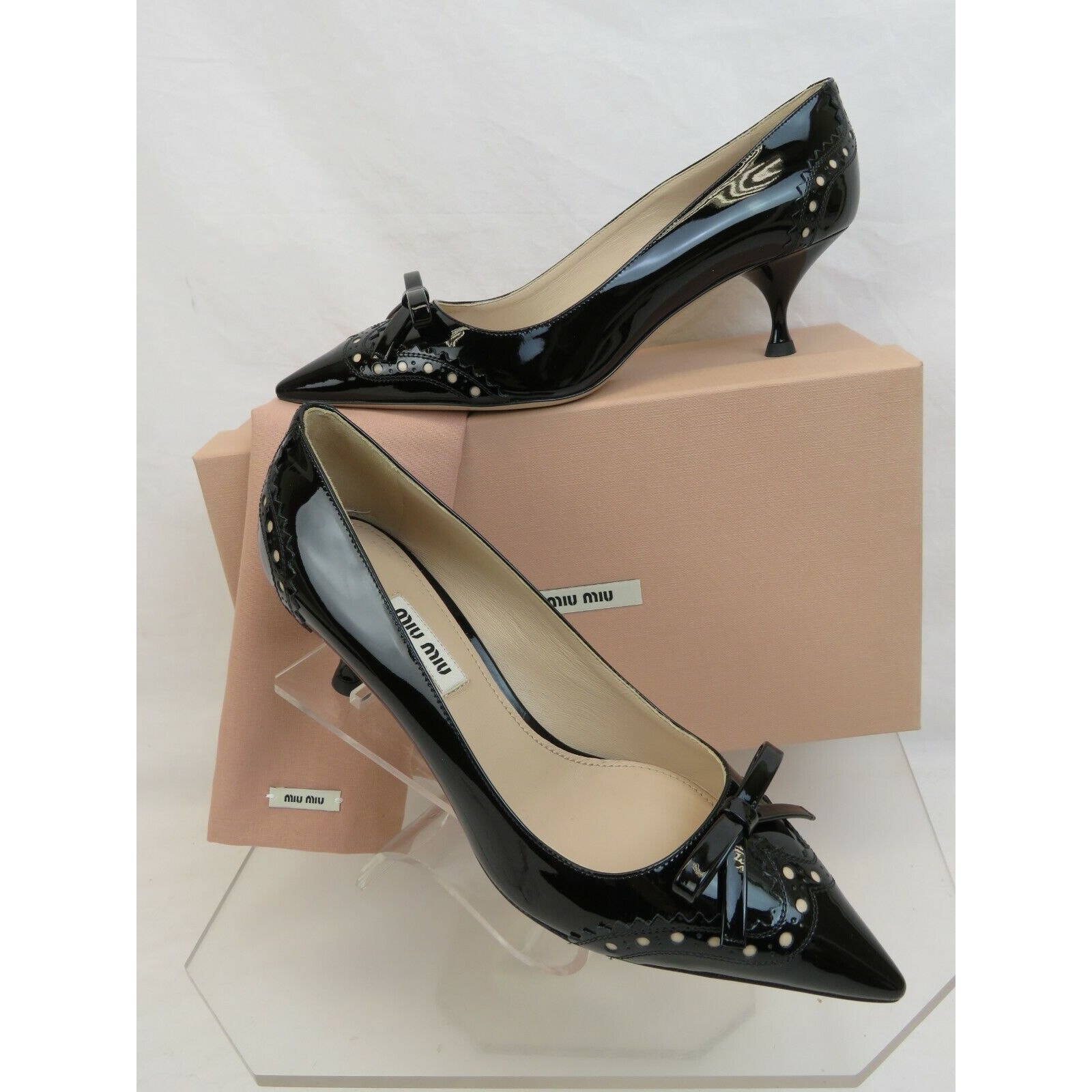 NIB MIU MIU PRADA 5I877C BLACK LASER CUT PATENT LEATHER BOW KITTEN HEEL PUMPS 37