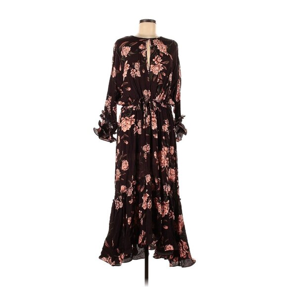 NWT Johanna Ortiz x H&M Creped Ruffled Midi in Dark Brown Wild Roses Dress M