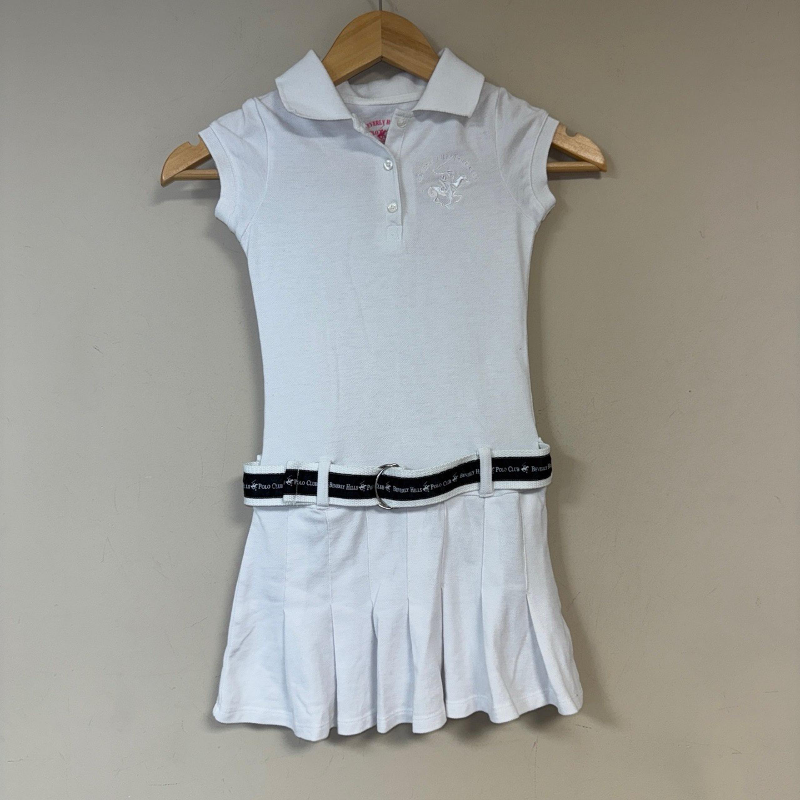 Polo Golf Tennis Dress Girls 7-8 Small White Pleated Collared Belted Summer Prep