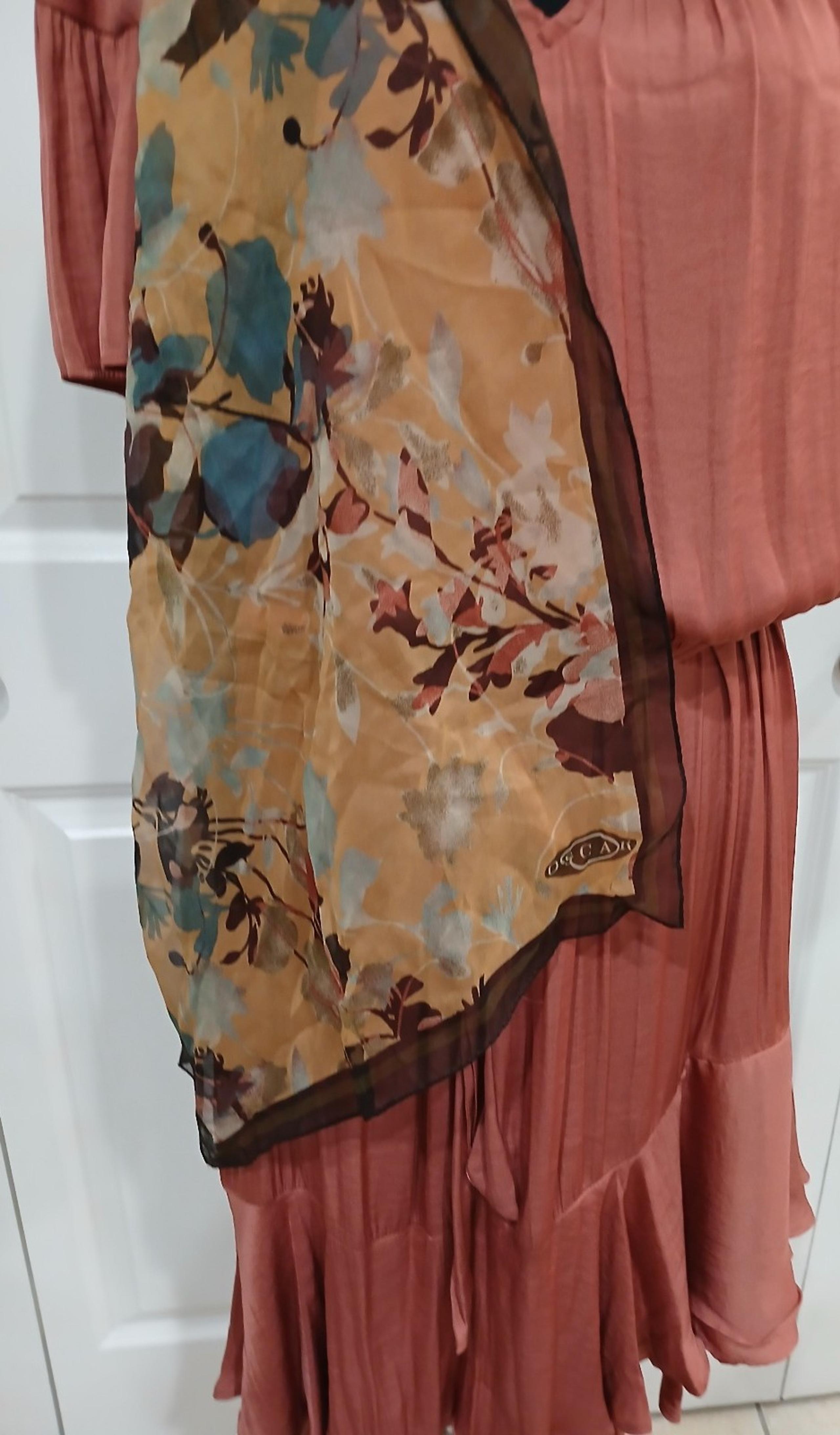 Vintage Oscar de la renta oblong Light Brown floral Silk Scarf 60X15