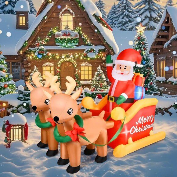 New 7FT Christmas Inflatables Blow-up Yard Decorations with Reindeer & Santa