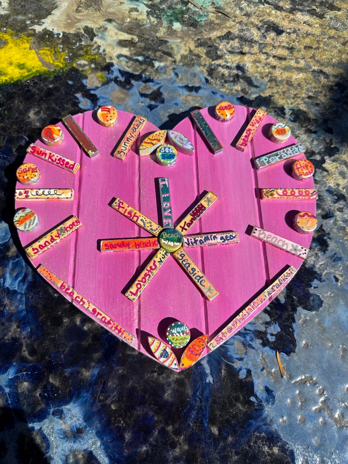 Grafitti Style Handmade Heart with SoCal Beach Theme Ready to Hang