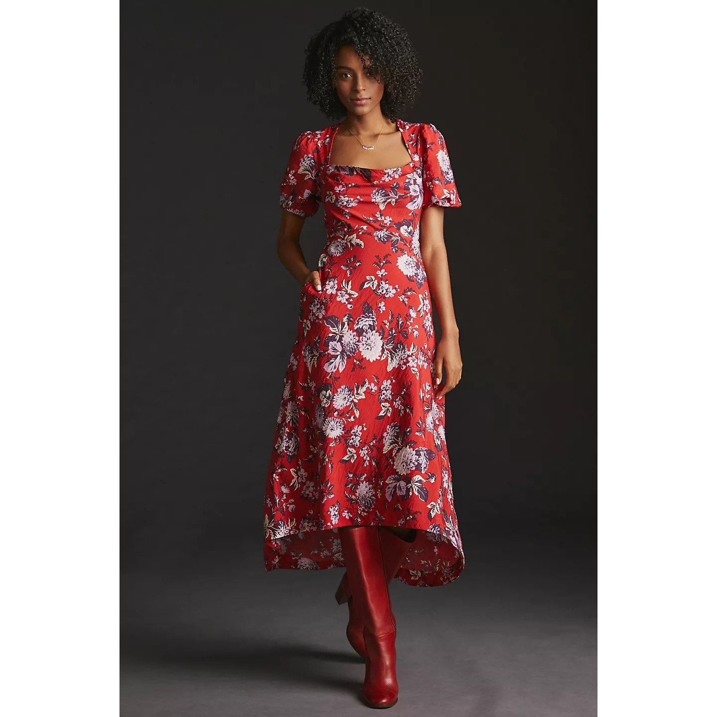 New Anthropologie Maeve Puff-Sleeve Floral Midi Dress 160 SIZE 6 Red