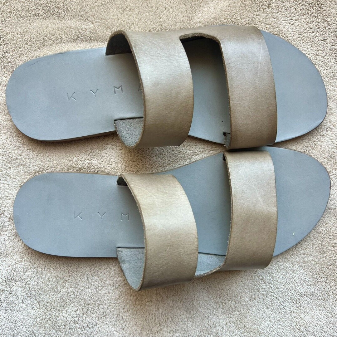 KYMA Lesvos Taupe Leather Handmade In Greece Gray Leather Flat Sandal EU 37 US 7