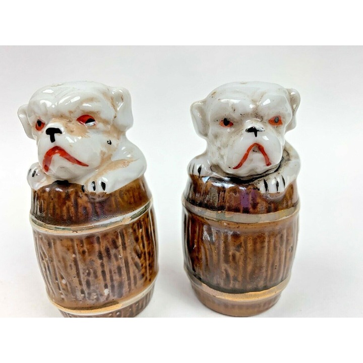 Vintage Dogs in Barrels Pugs Bulldogs Salt and Pepper Shakers Japan