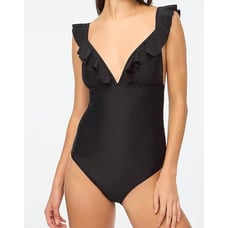 J. Crew Ruffle Shoulder V-Neck One Piece Swimsuit Black NWT Large
