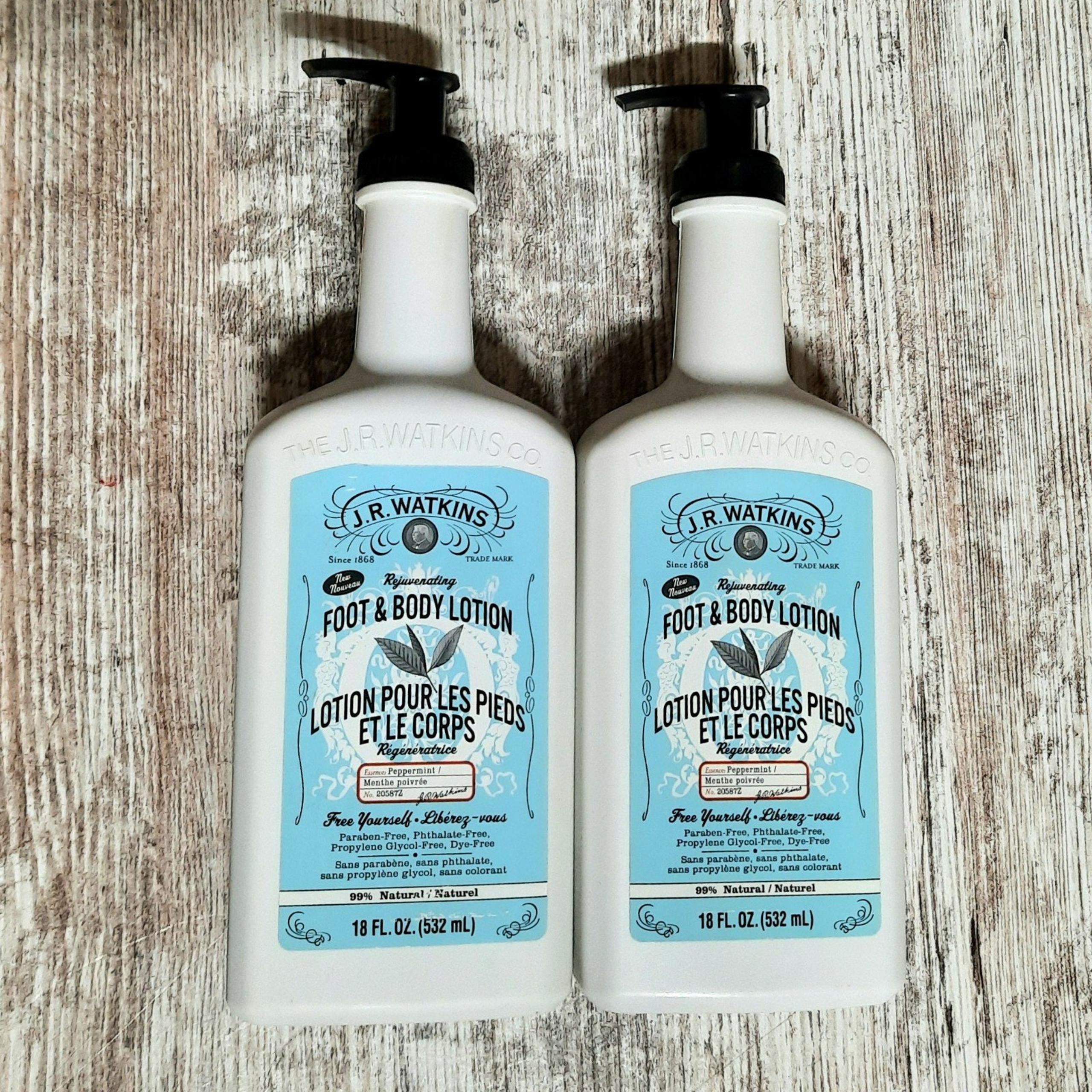 2 JR Watkins PARTIAL Peppermint Refreshing Foot & Body Lotion 18oz Pump Bottles