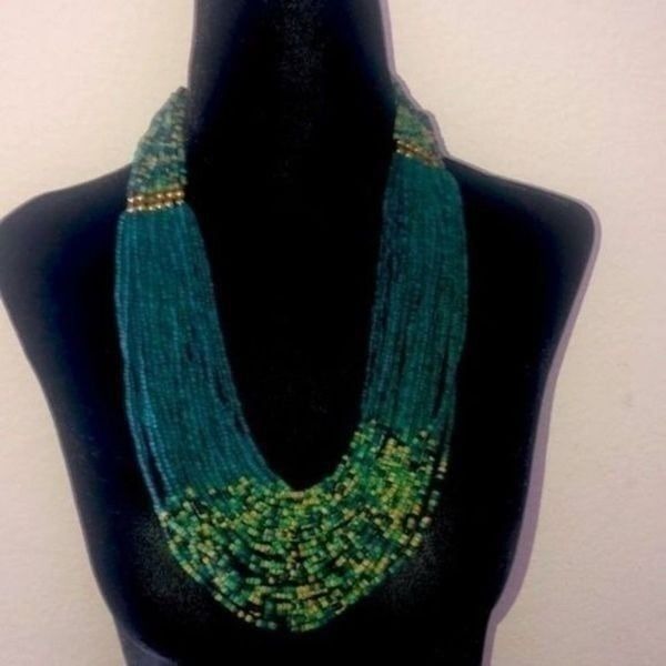 folk necklace Vintage multi strand layer handmade beaded green
