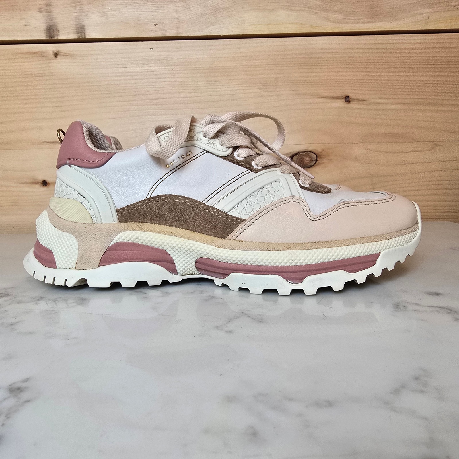 Coach Sneakers C143 Runner Leather Cream Pink Womens 7.5