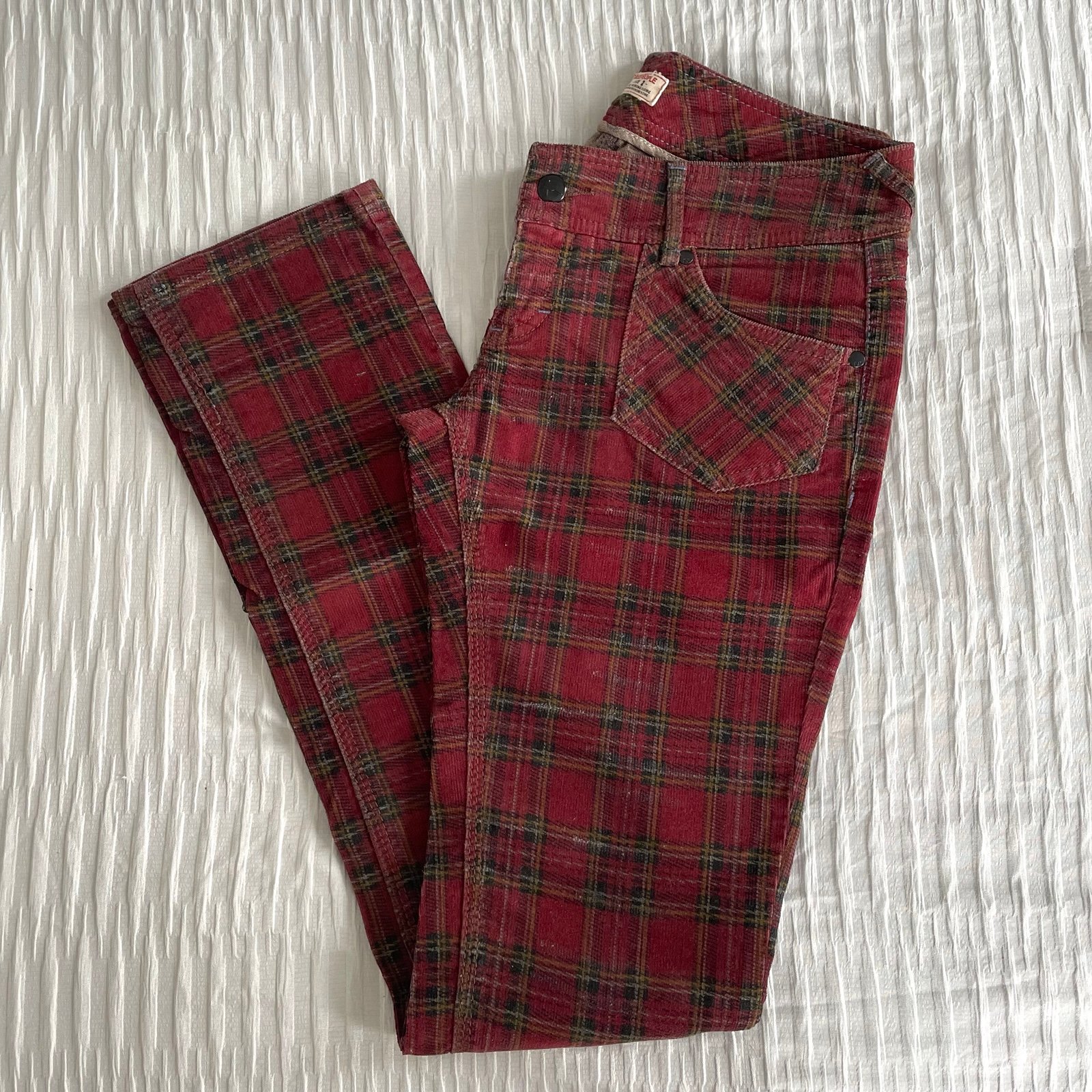 Free People Plaid Burgundy Black Corduroy Low Waist Pants Sz 2