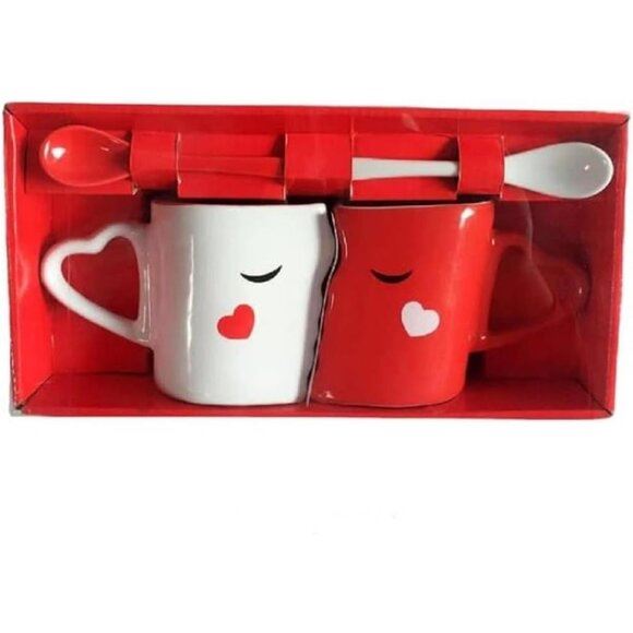 New Set of 2 Creative Coffee Cups, Double Bowl Ceramic Kiss Mugs for Couples