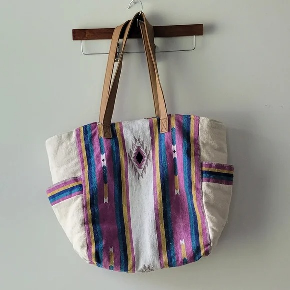 Boho tote large snap buttom bag In purple blue and cream colors