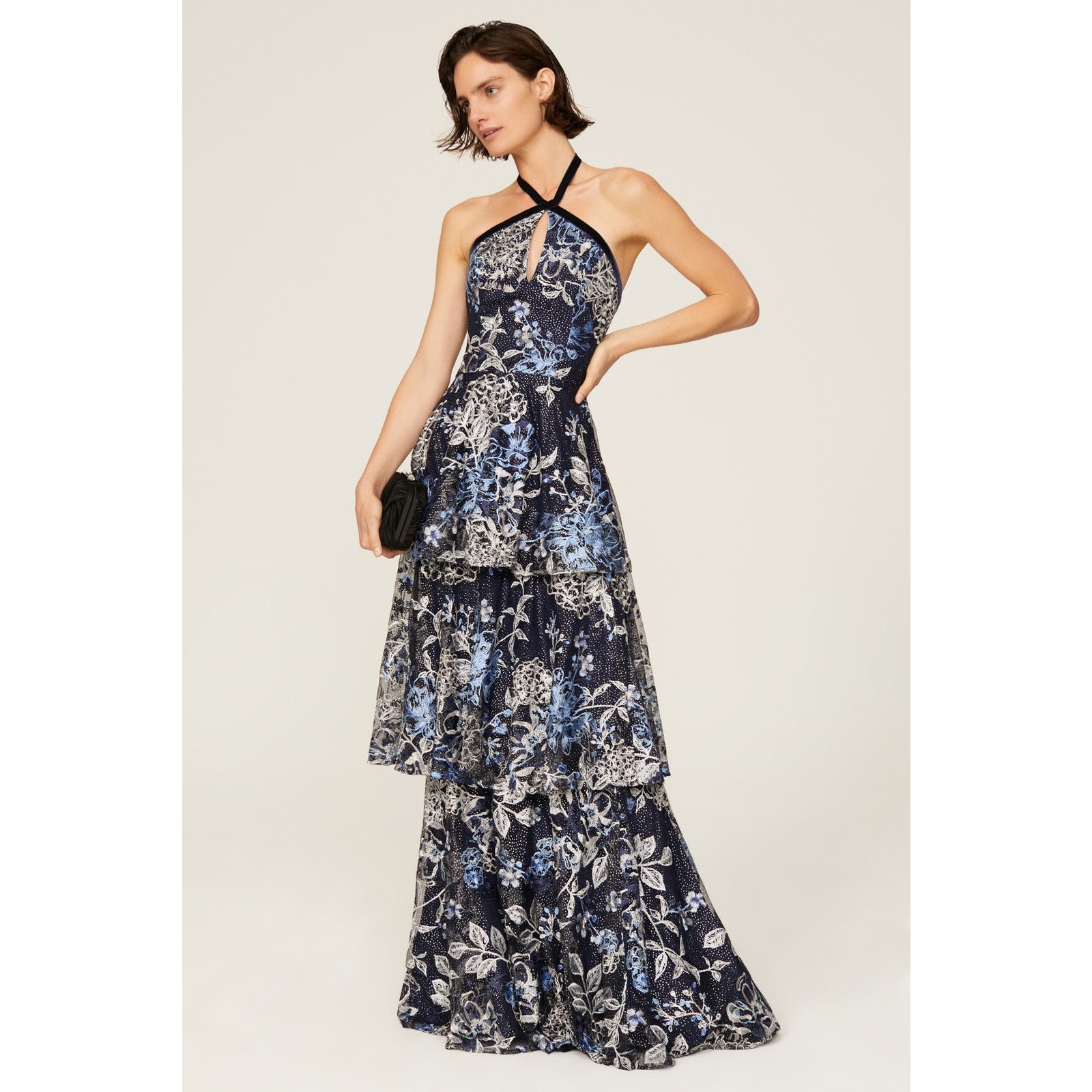Marchesa Notte Black Blue Floral Embroidered Tulle Tiered Halter Evening Gown 6