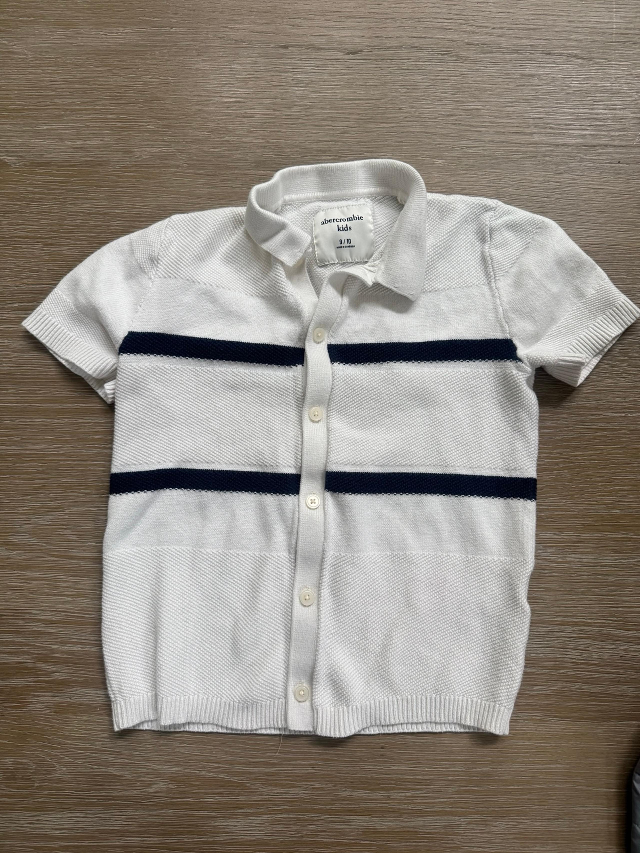 Abercrombie kids boys white & navy strip knit collar button shirt top size 9 10