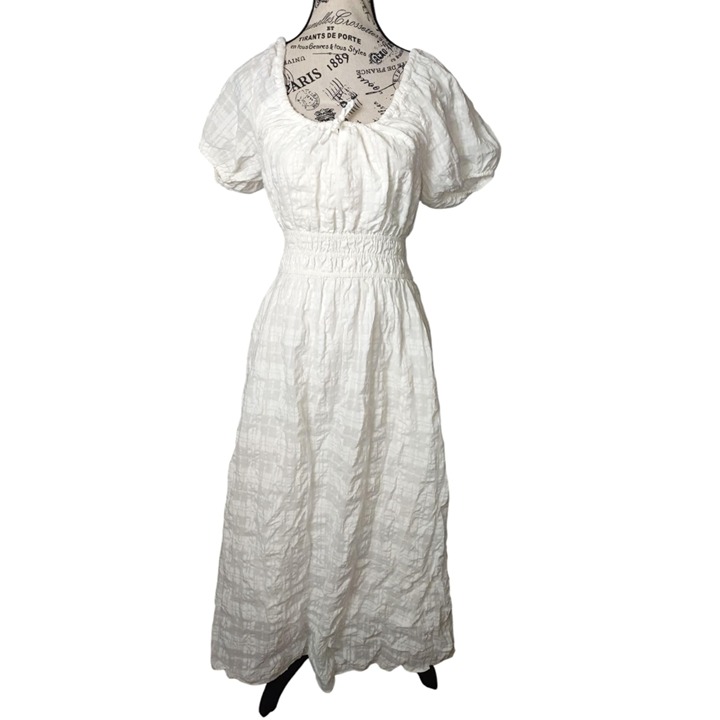Madewell Women's XS White Crinkle with Puff Sleeves Midi Dress Style NE745