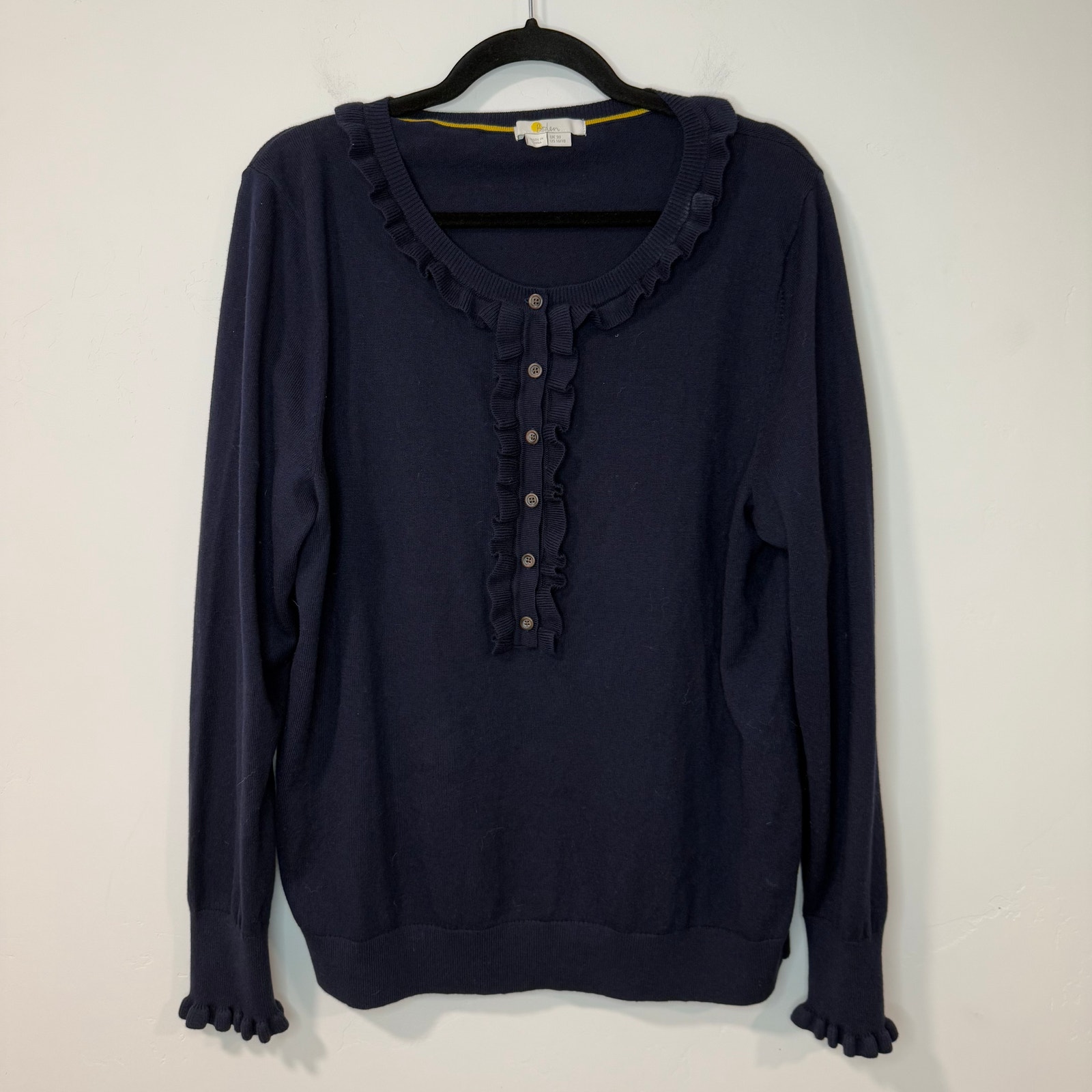 Boden Women's Lara Frill Henley Sweater Navy Blue 16/18 Cotton Wool