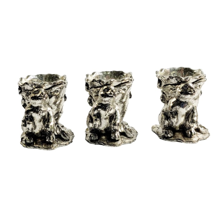3 Vintage Pewter Rabbit And Cabbage Leaves Candle Holders