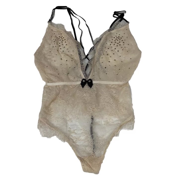 Victorias Secret Lingerie Body Suit Size Small Thong Beige Bedazzled Black #3023