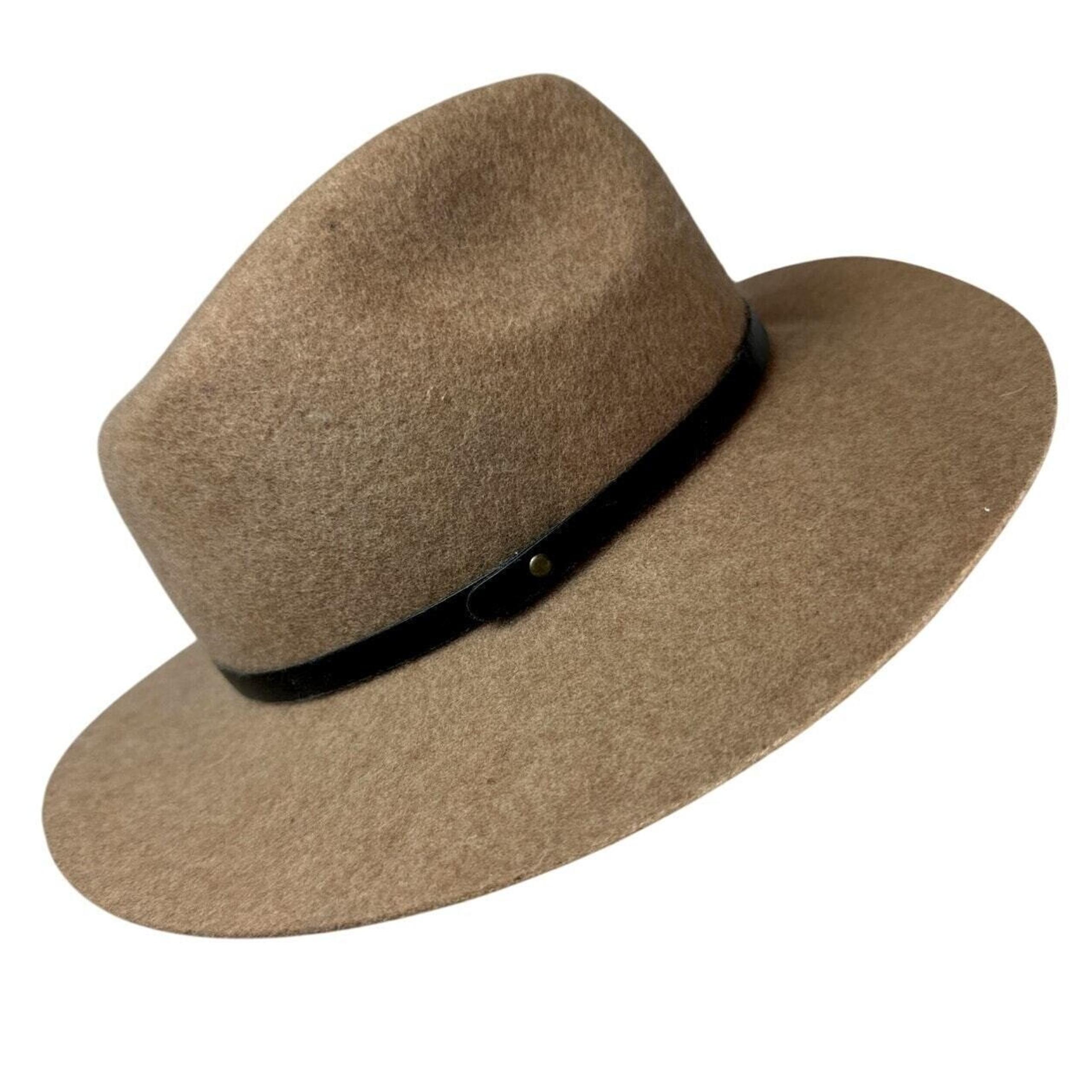 Banana Republic Womens Fedora Hat Wool Leather Trim Camel Tan Brown Fall Sz S/M