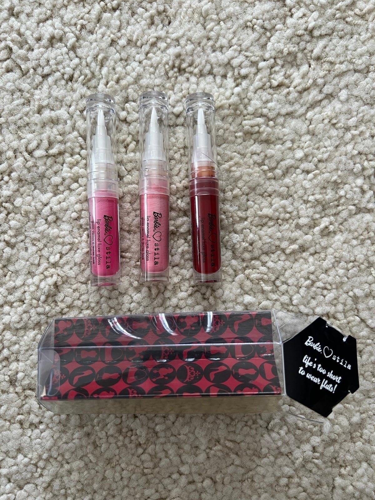 New Barbie loves Stila cosmetics lip gloss TRIO enamel luxe set 3 collector rare