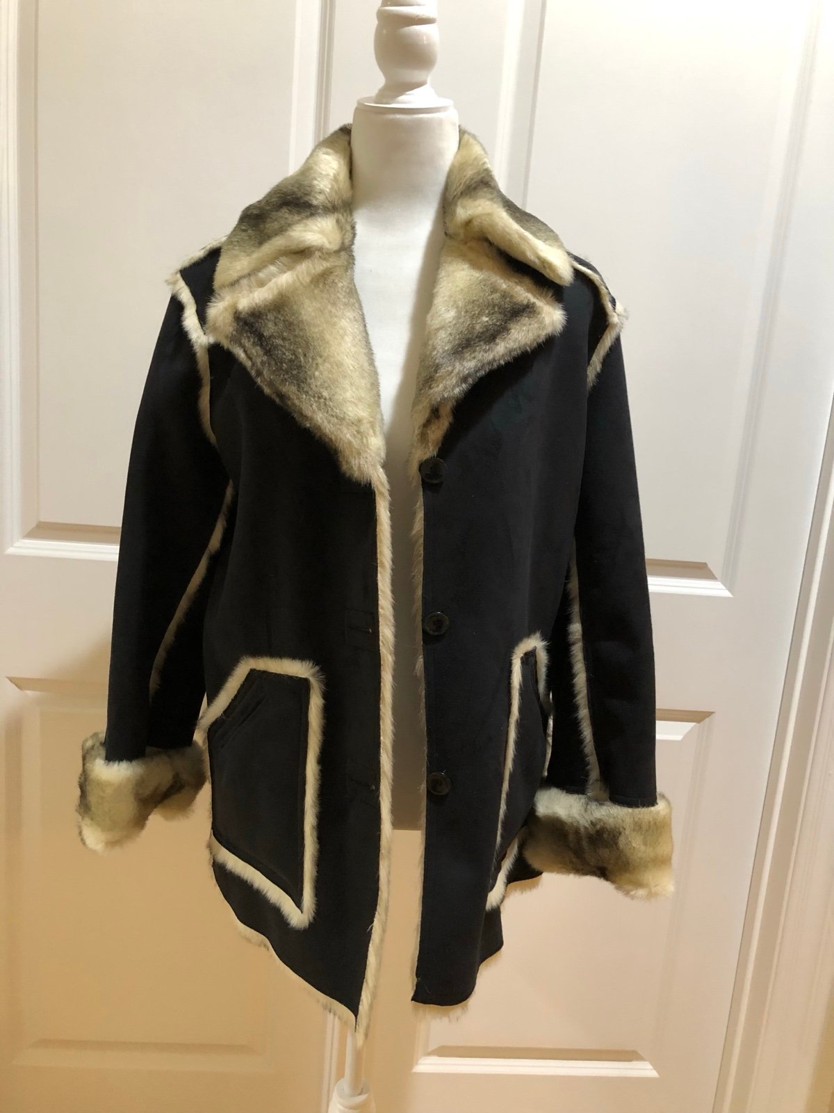 DENNIS BASSO Black Women’s Simulated Suede Coat with Faux Fur Lining.