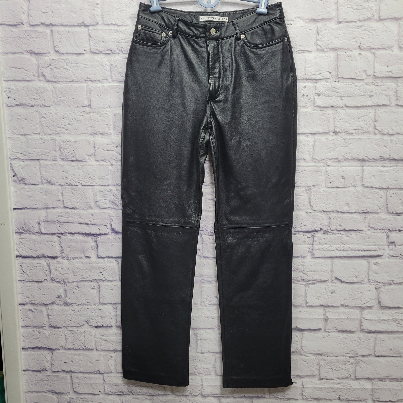 Tommy Hilfiger 100% Leather Pants Womens Size 8 Straight Leg Biker Black