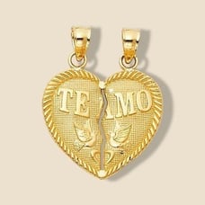 14K Yellow solid Gold Break Apart Diamond Cut Te Amo Heart - Birthday Gift -