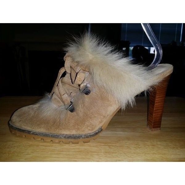 Coach Mules Kristy Heels Women Sz 7.5 D Leatherware Faux Fur Lace Up Designer