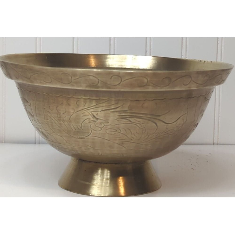 Antique Large Raised Chinese Mark Etched Pedestal Solid Brass 9 Dia 5 Tall