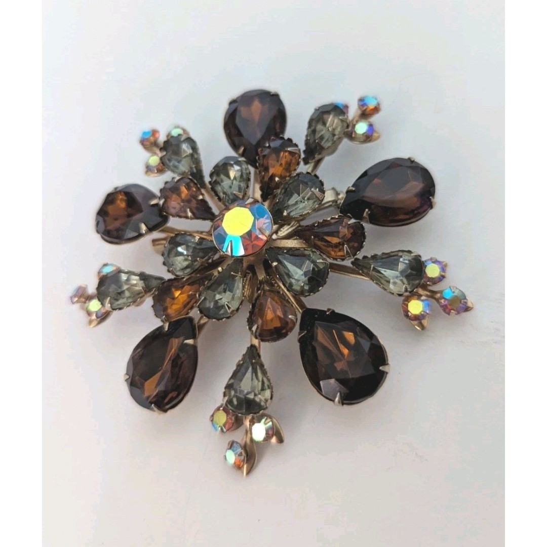 VTG Estate Amber Aurora Borealis SmokeyTopaz Rhinestone Brooch Pin Gold Filigree