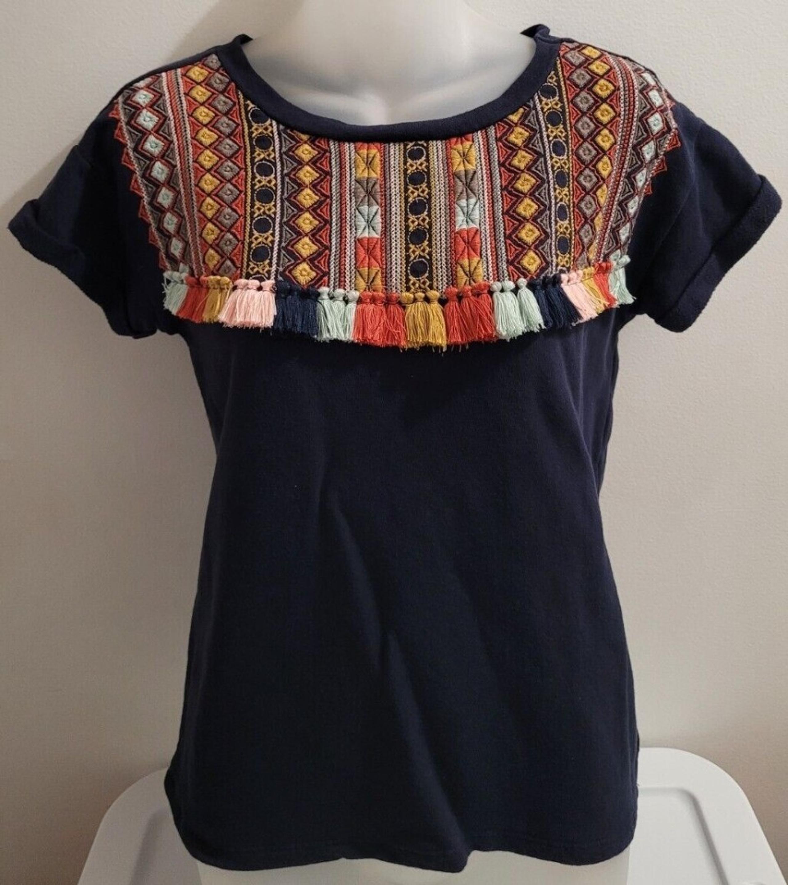 LOFT Women’s Boho Navy Tassels  & Embroidery Short Sleeve Jersey Knit Top Sz: XS