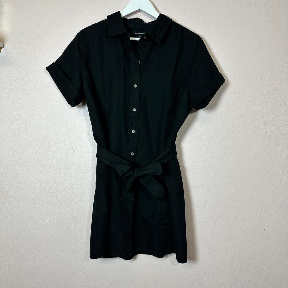 Banana Republic Black Button Down Shirt Dress Belted Office Wear Size L