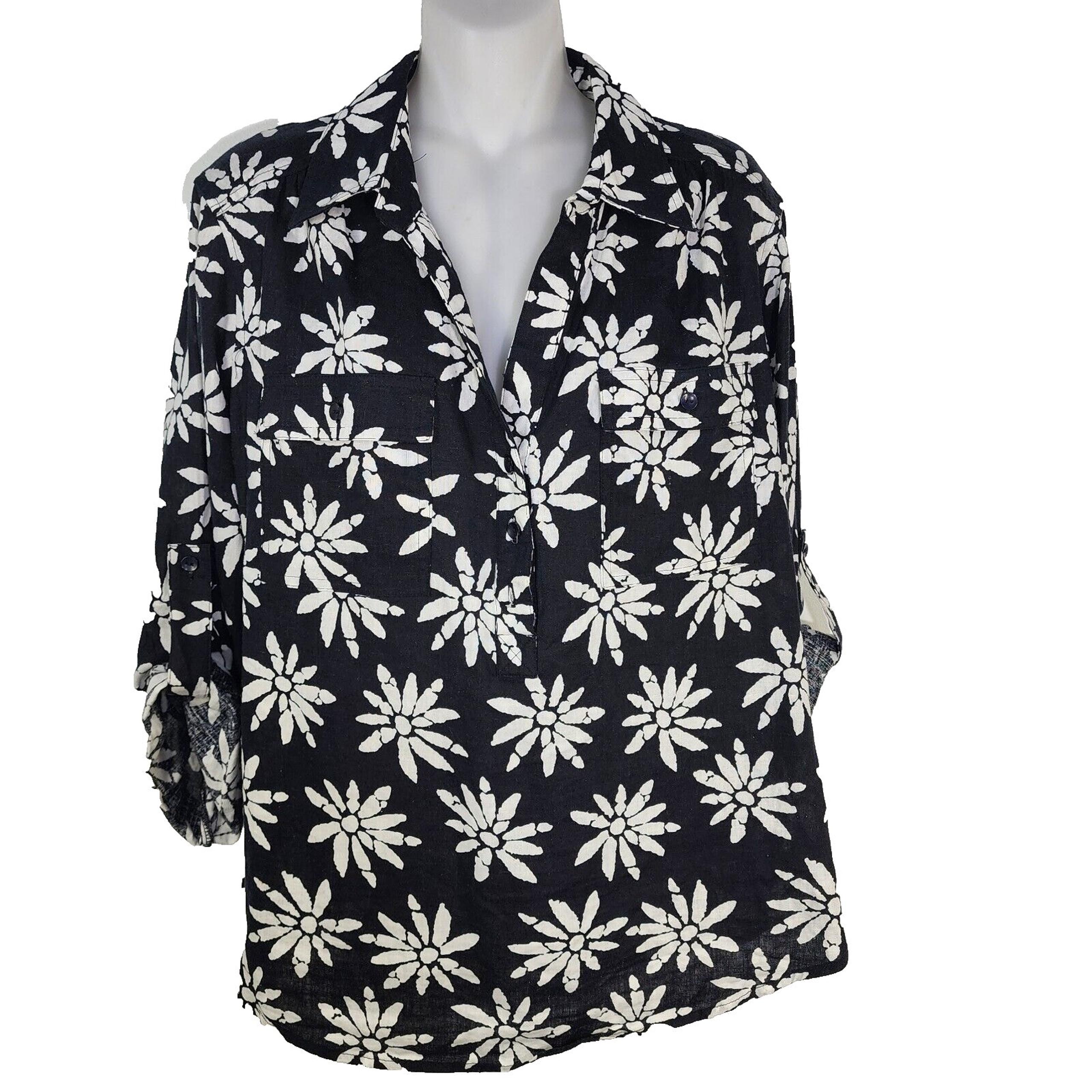Cathy Daniels Top Womens Large Linen Blend Roll 3/4 Sleeve Black Floral Popover