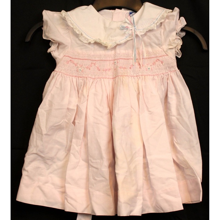Vtg 80s Carriage Boutiques Pink Dress Smocked Flower Embroidered Scallop Collar