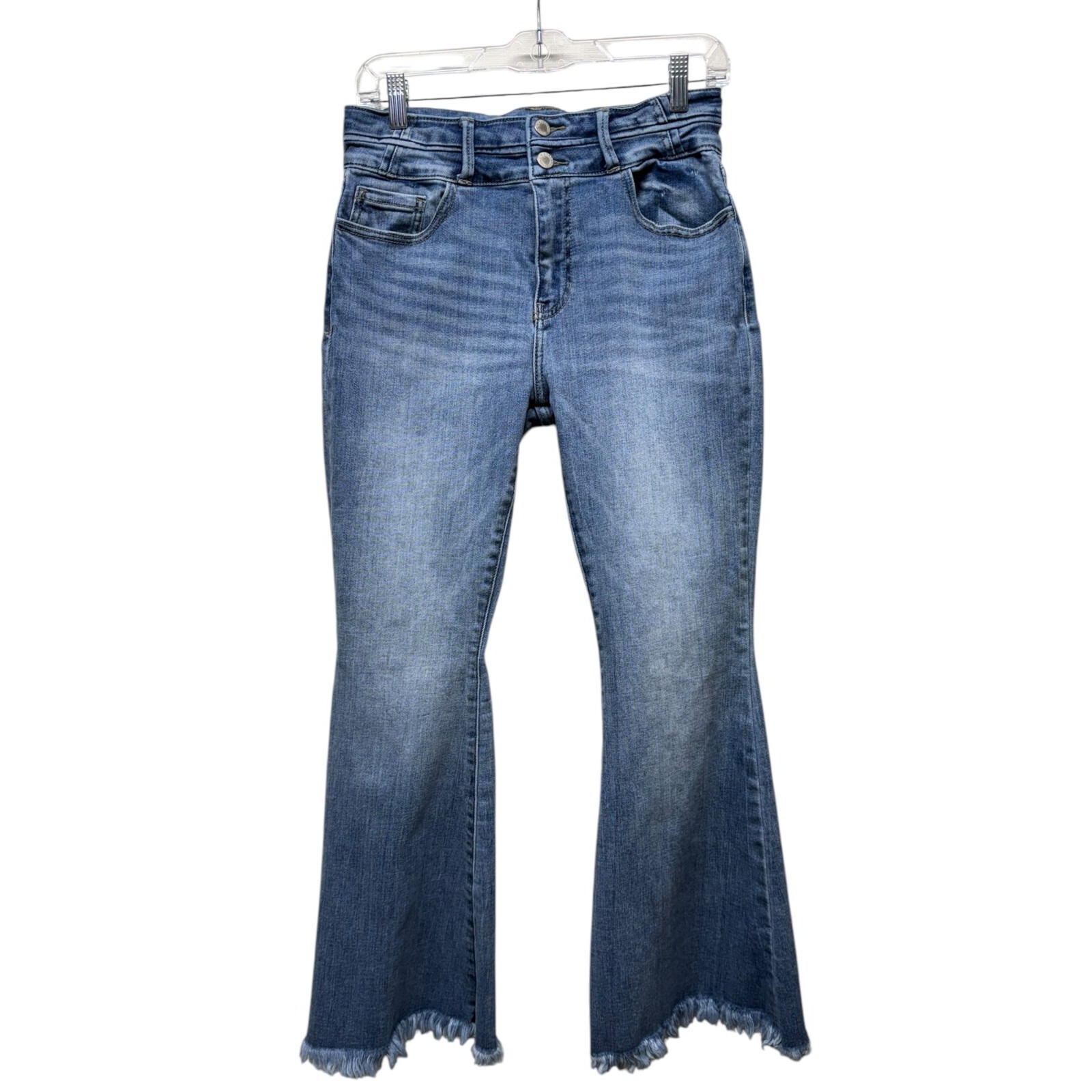 KanCan Super Flare Leg Women Jeans Sz 29 Blue Stretch Denim Raw Hem Boho