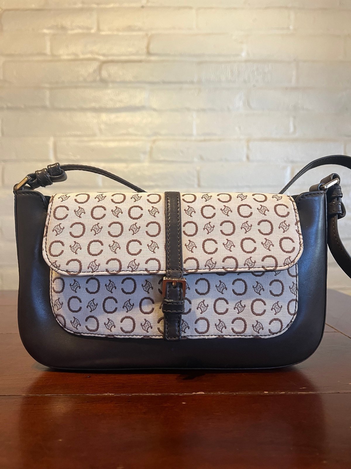 Celine Logo Fabric & Leather Shoulder Bag