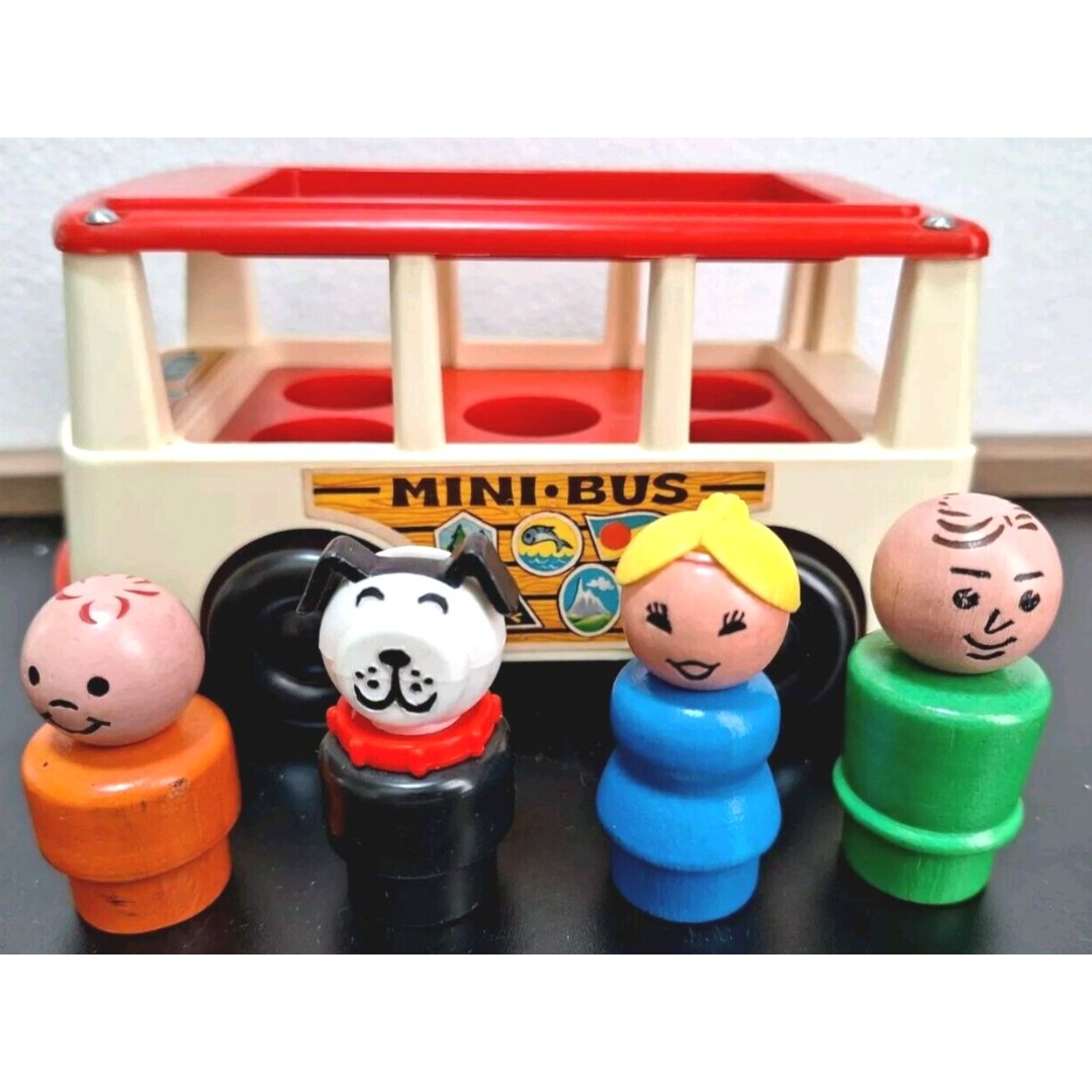 VTG Fisher Price Little People Mini Bus Red 1969 With 3 People 1 Dog EC