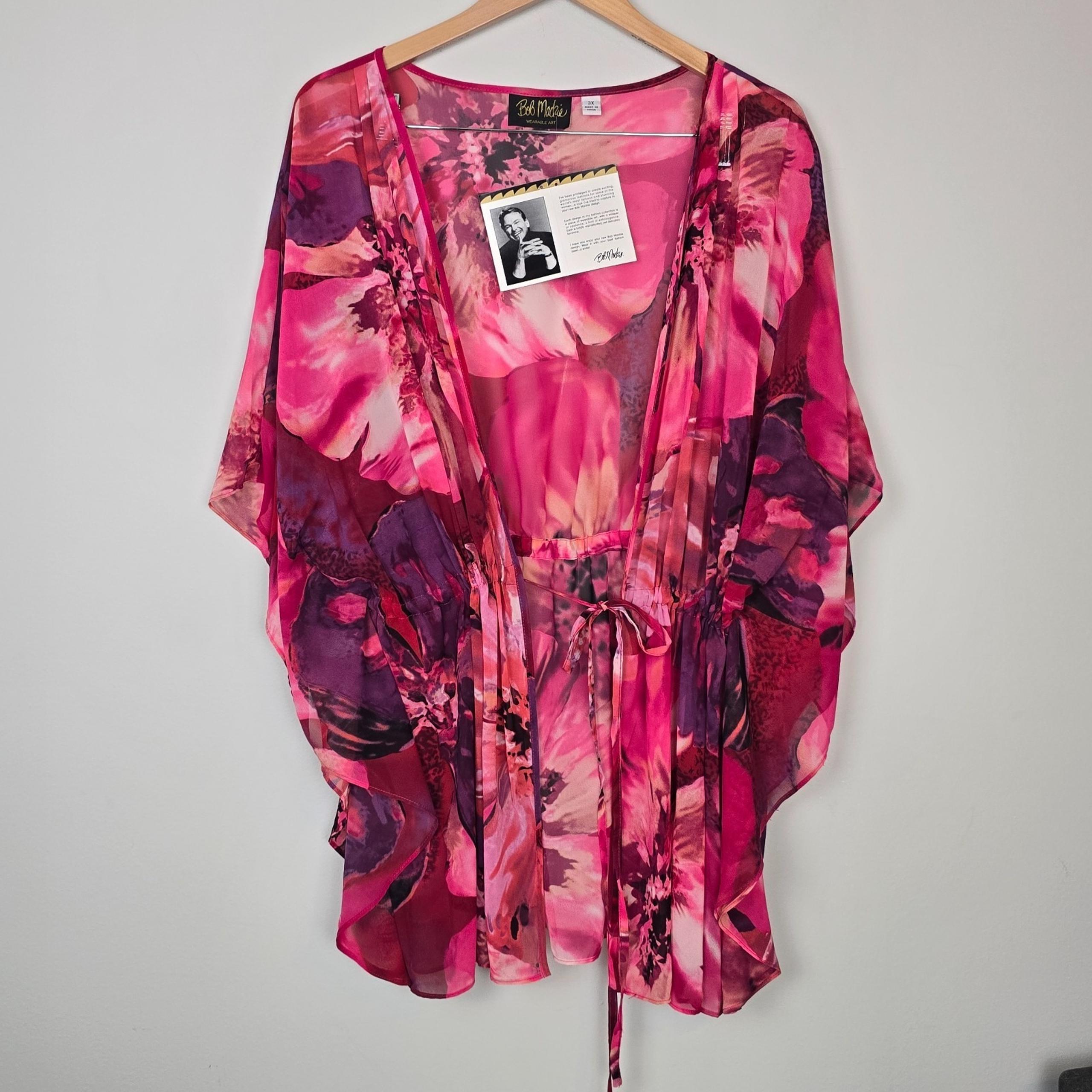 NWT Bob Mackie Womens 3X Sheer Floral Kimono Tunic Top Pink Purple Belted Boho