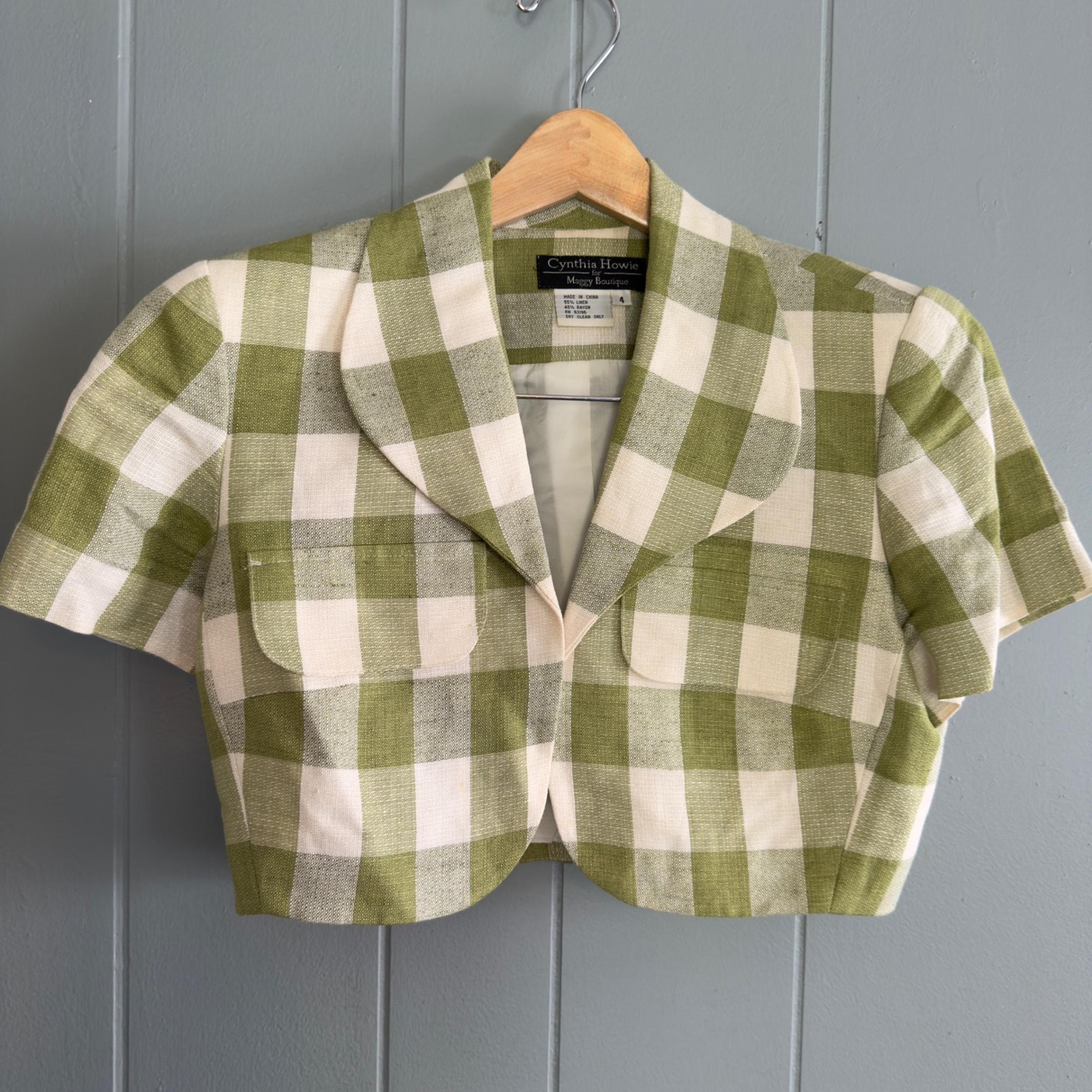 Vintage Green Linen Gingham Cropped Jacket M Lagenlook Boxy Euro Summer Layer